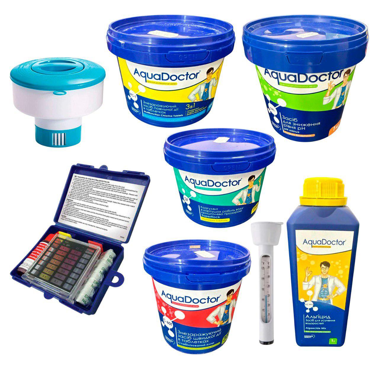 Набор стартовых средств по уходу за бассейном AquaDoctor Super Kit Combo термометр/дозатор/тестер 8в1 (7826)