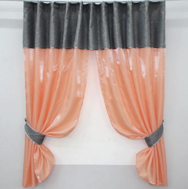 Комплект штор на кухню/балкон с ламбрекеном 270х170 см Персиковый/Серый (073к)