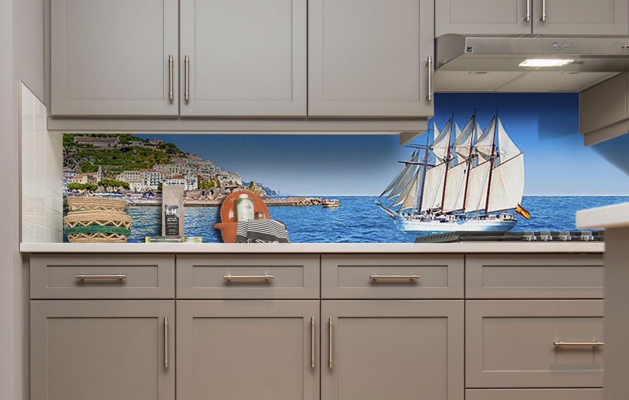 Кухонный фартук Парусник/Корабль из самоклеющейся виниловой пленки 65х250 см Голубой