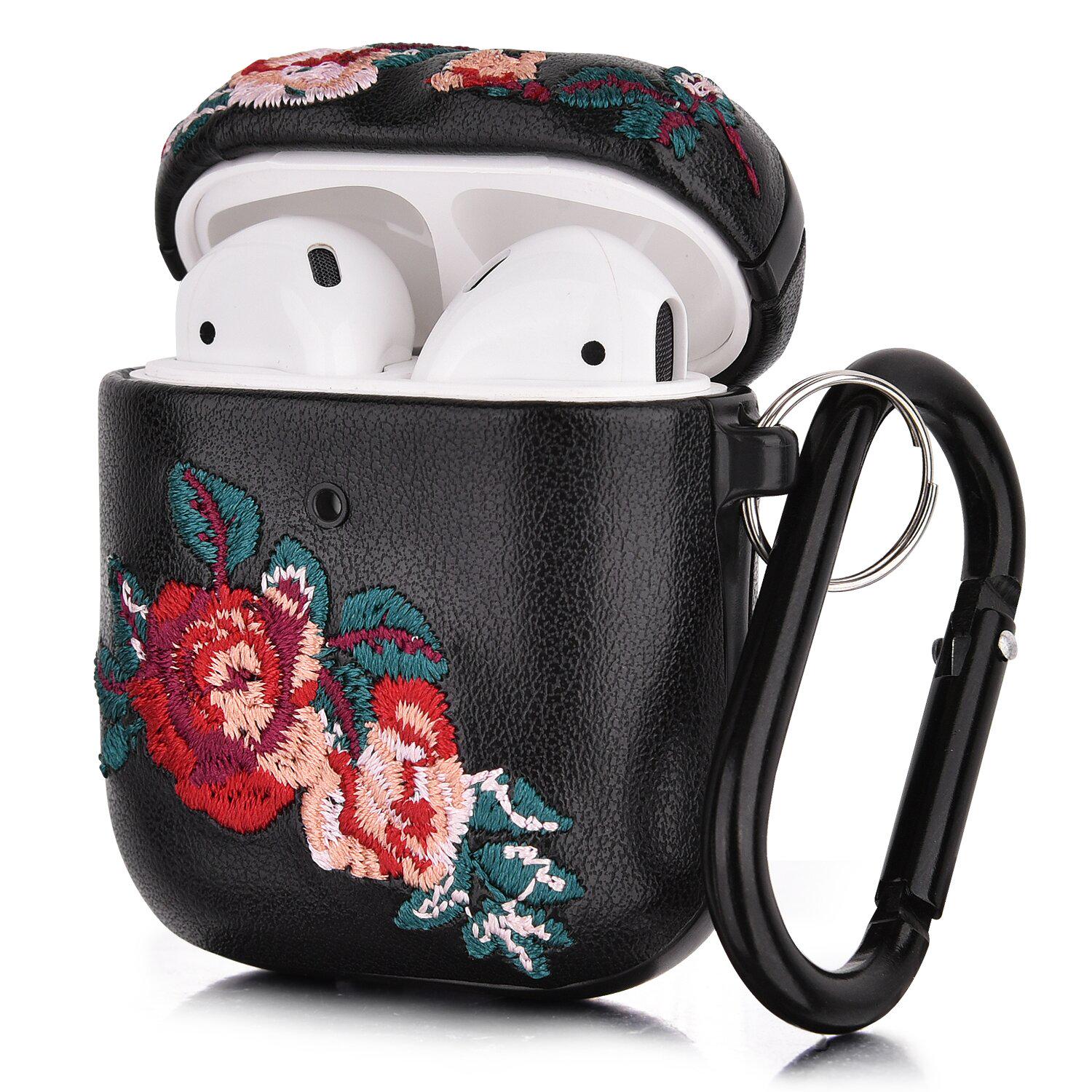 Кожаный чехол для Apple AirPods 1/2 Цветущая роза Черный