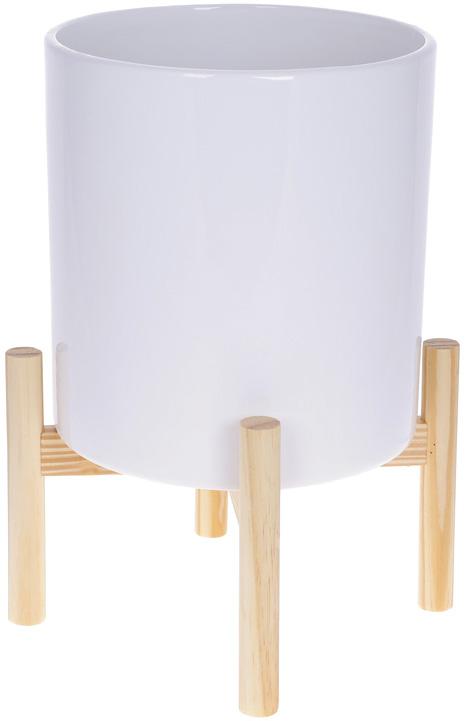 Кашпо керамическое Флора на бамбуковой подставке 20х20х37,3 см Белый глянец (BD-733-458)