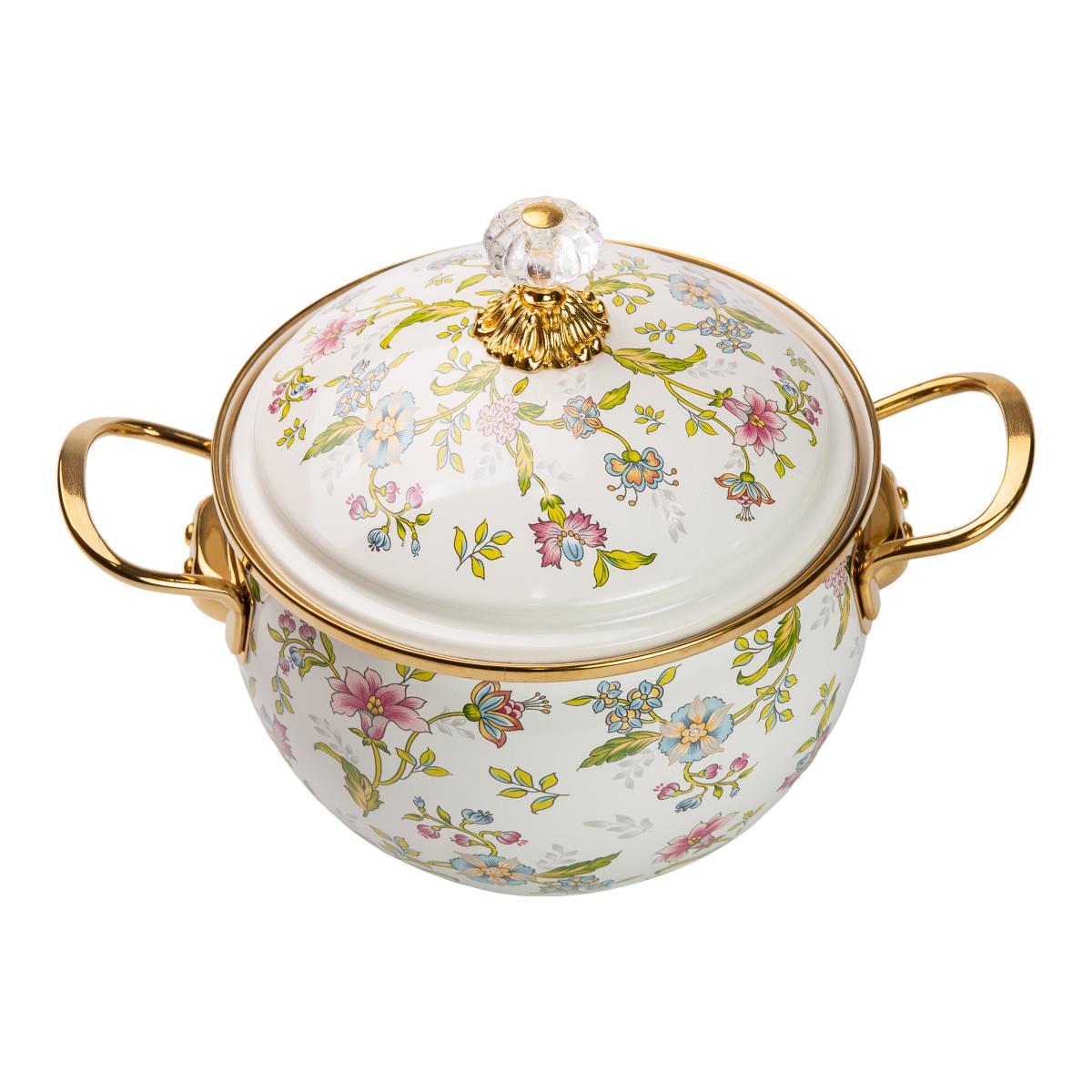 Кастрюля эмалированная в винтажном стиле со стеклянной крышкой цветочный принт 3 л (HP-2-110) - фото 4 Кастрюля эмалированная в винтажном стиле со стеклянной крышкой цветочный принт 3 л (HP-2-110) - фото 4