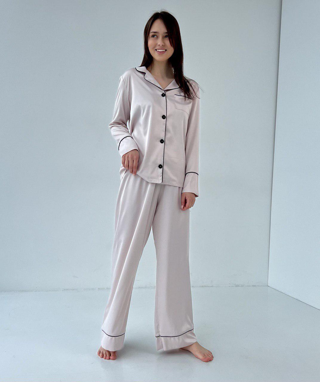 Піжама жіноча BO.Brand шовк армані cорочка з довгим рукавом на гудзиках та широкі штани L-XL Айворі (00919|L-XL)