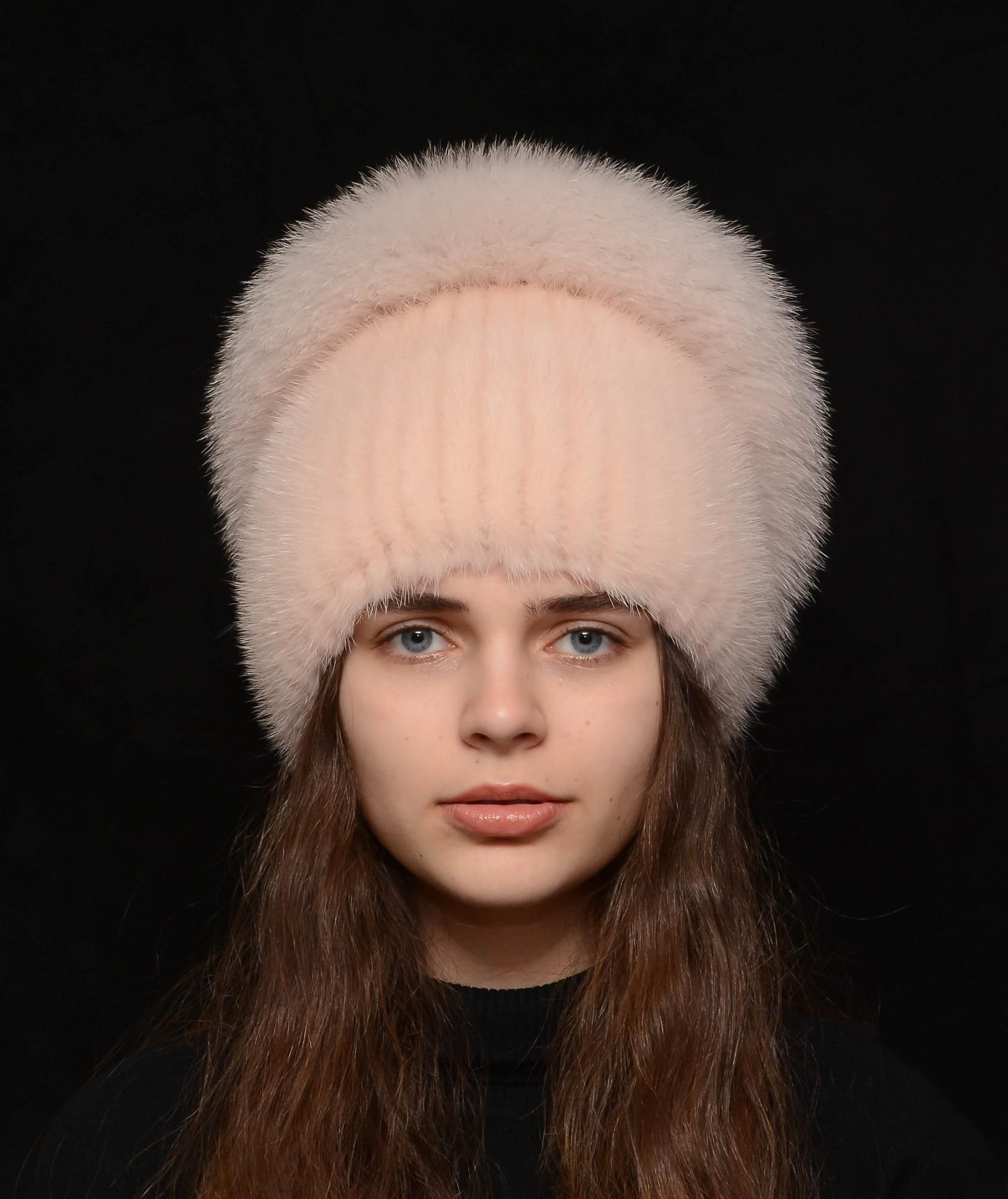 Жіноча в'язана норкова шапка Меховой стиль Калач натуральне хутро M-L Пудра (122/F)