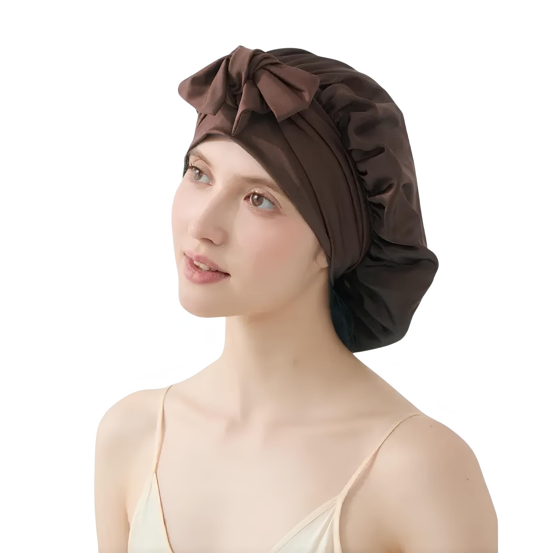 Шапка для сну жіноча великого розміру 100% шовк мульбері з регульованою гумкою і бантом Коричневий (3355117)