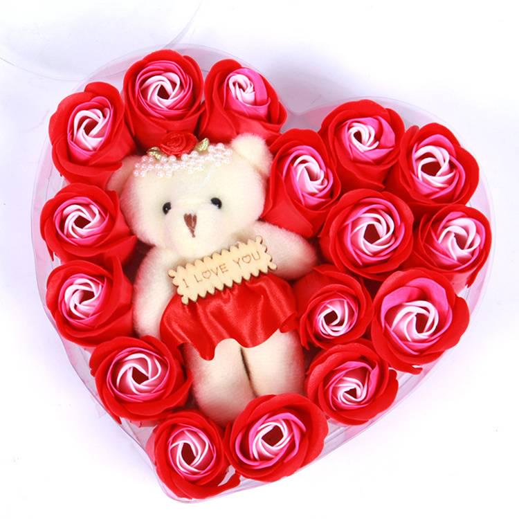Подарунковий набір Серце з ведмедиком та троянди з милу 16 шт. (1396)