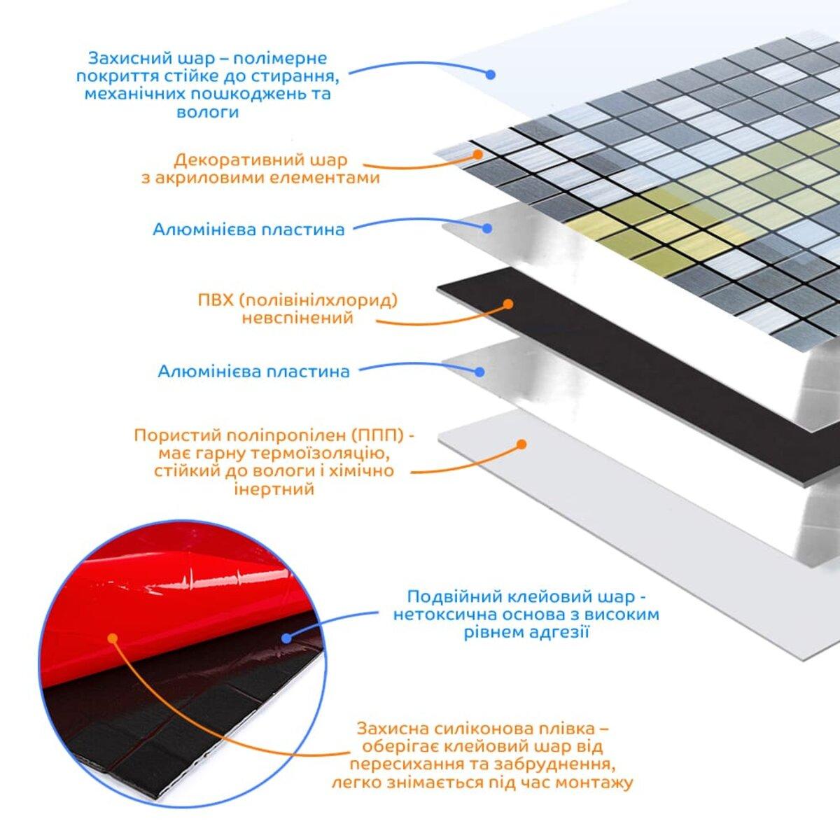 Плитка алюмінієва самоклеюча 300х300х3 мм Срібний із золотом мозаїка (SW-00001826) - фото 2 Плитка алюмінієва самоклеюча 300х300х3 мм Срібний із золотом мозаїка (SW-00001826) - фото 2