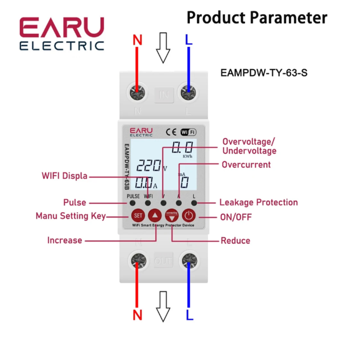 Розумний Wi-Fi автомат захисту для приватних СЕС/двонаправлений лічильник EARU EAEMPDW-TY-63S однофазний 2P/63A/230V Білий (1012) - фото 3