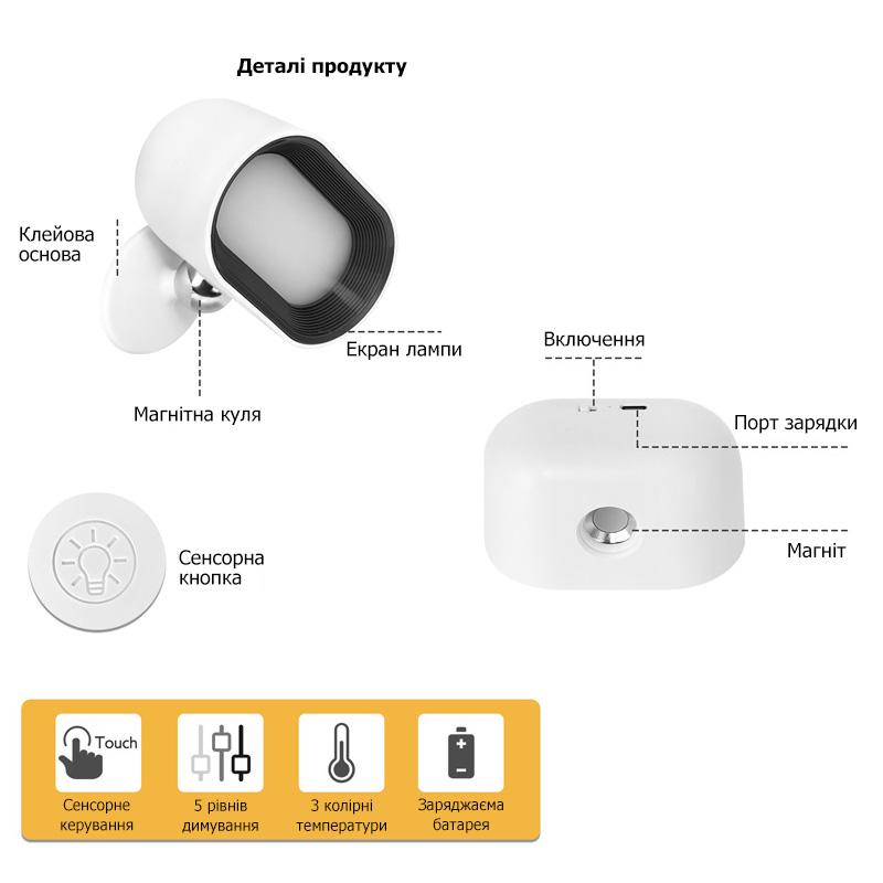 Настінний акумуляторниій сенсорний LED світильник з ДУ та обертанням на 360° овальний білий - фото 8