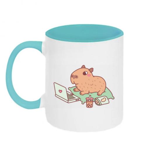Чашка керамическая двухцветная Capybara with laptop 320 мл Белый/Голубой (12975754-64-182922)
