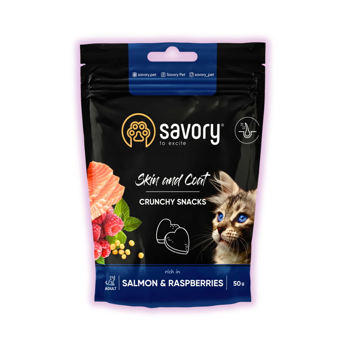 Ласощі для котів хрусткі Savory з лососем та малиною для здоров'я шкіри та шерсті 50 г (29370151)
