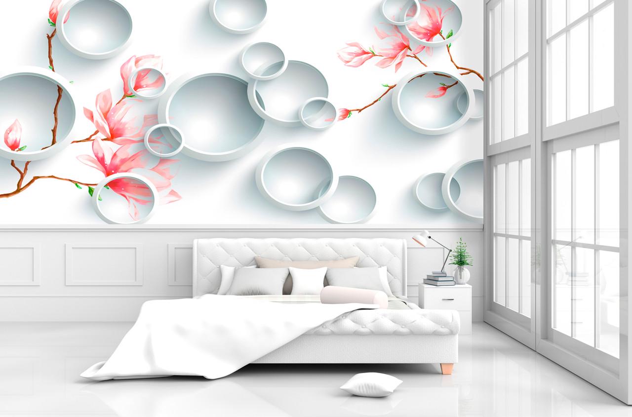 Фотообои 3D флизелиновые цветочные для спальни/зала/кухни Светло-розовые цветы и круги
