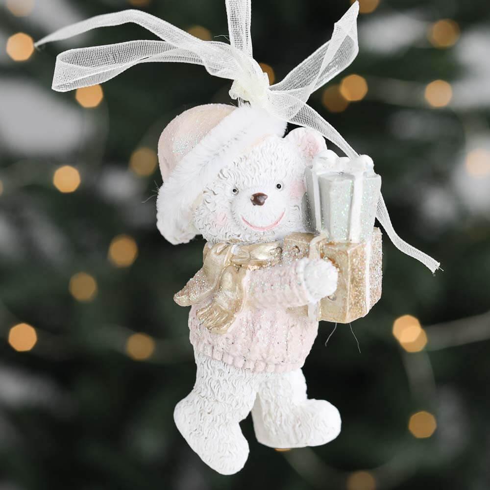 Подвеска новогодняя керамическая на елку Elisey Тедди с подарком Серебряный (NH-106-K-221)