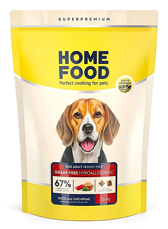 Корм сухий беззерновий гіпоалергенний для Home Food собак середніх та порід з качкою та нутом 1,6 кг (378)