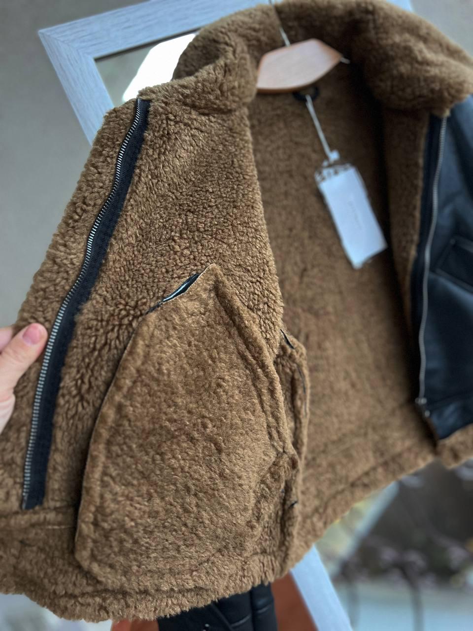 Дубленка женская Aftf Basic 2437 короткая авиатор на молнии с коричневым мехом экокожа M Черный (3127) - фото 5