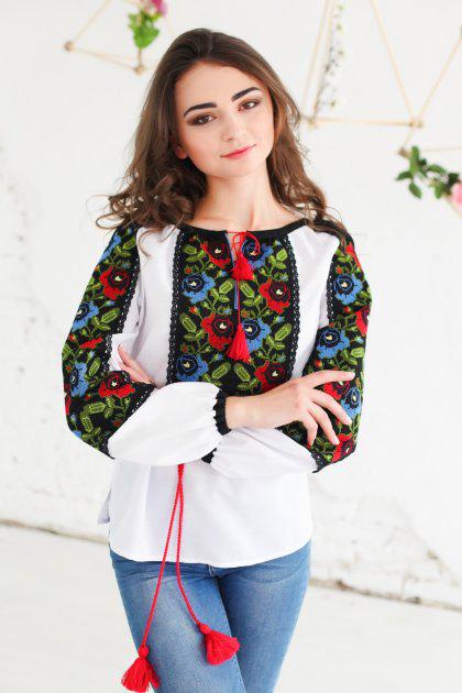 Вишиванка жіноча Скиба СК2471 різнокольоровий на чорному візерунку. 48 Білий