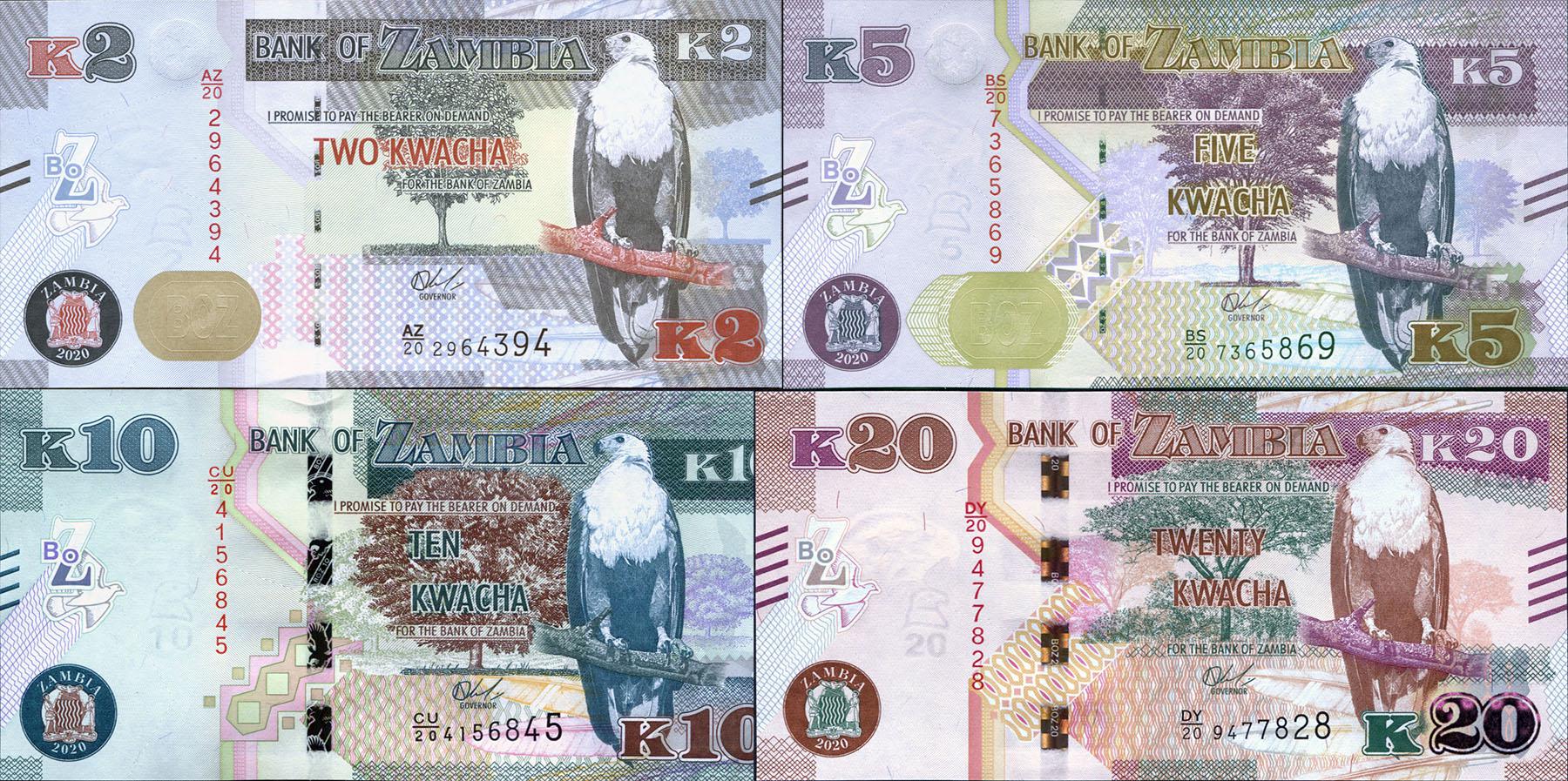 Коллекционная банкнота Замбия 2020 Набор 2 5 10 и 20 квач UNC