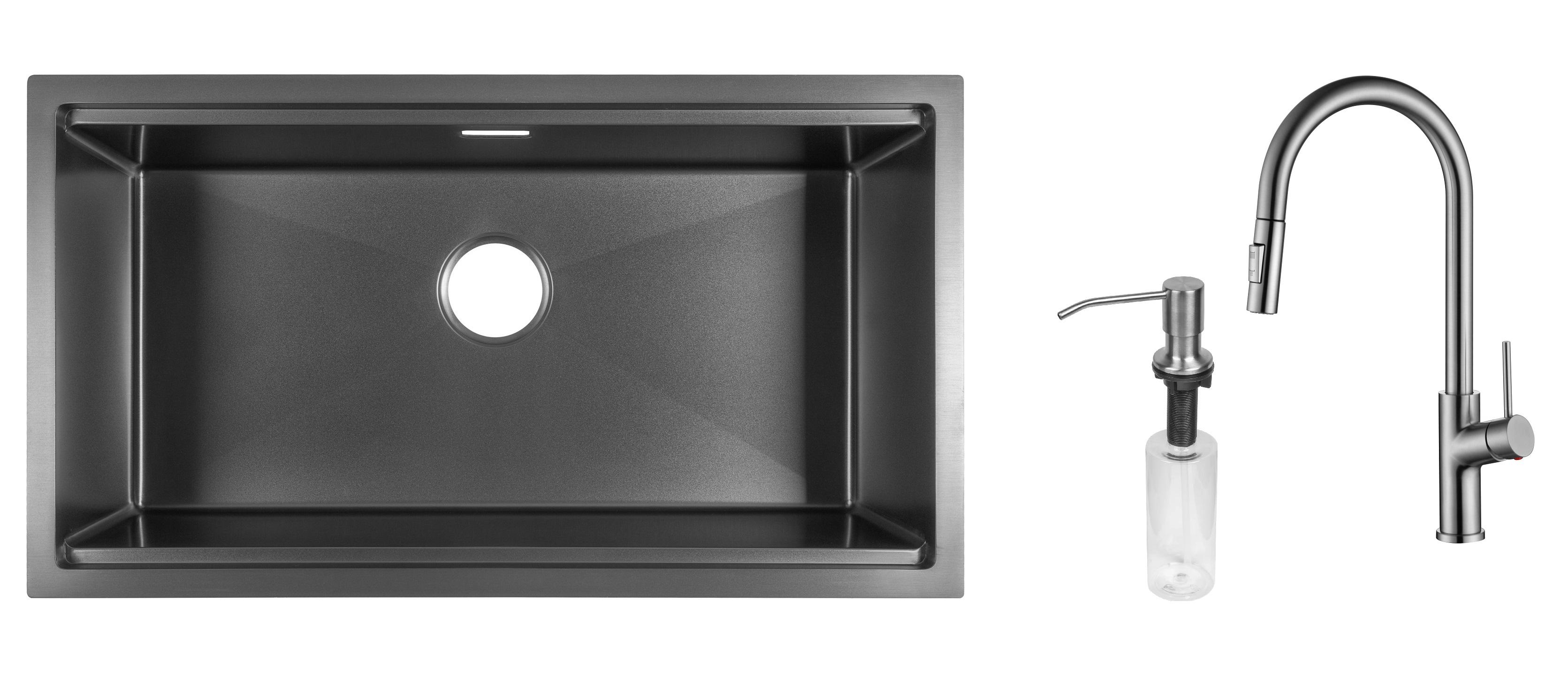 Комплект из кухонной мойки Gunter&Hauer Federbach 8022 Black кухонного смесителя Gunter&Hauer MOND Br и дозатора Gunter&Hauer Soap Dispenser Inox