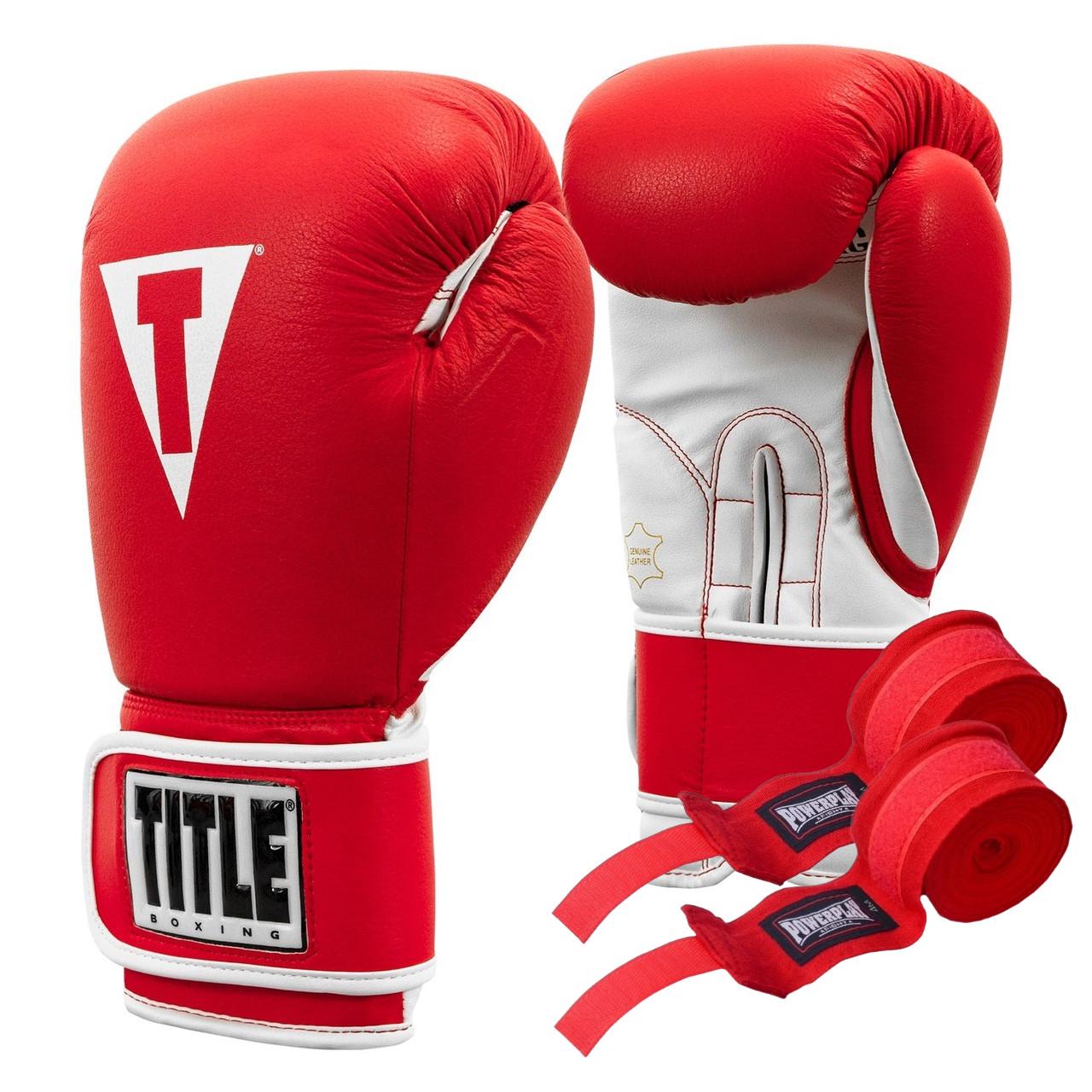 Боксерські рукавиці TITLE Boxing Pro Style Leather Gloves 3.0 16 oz з бинтами 4 м Red/White