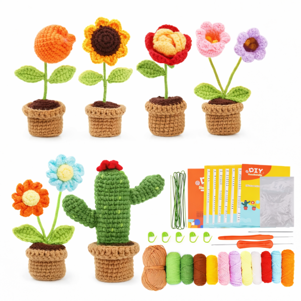 Набор для вязания крючком для начинающих Цветки в горшках пряжа/крючки/видео-инструкции 6 шт. (32515516)