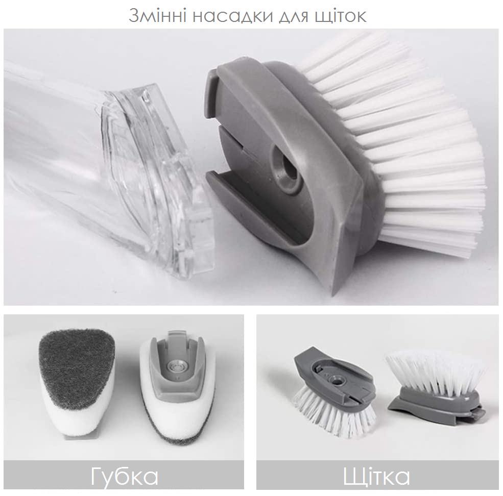 Щітка для миття посуду DECONTAMINATION WOK BRUSH з ручкою дозатором і знімною насадкою Сірий - фото 4