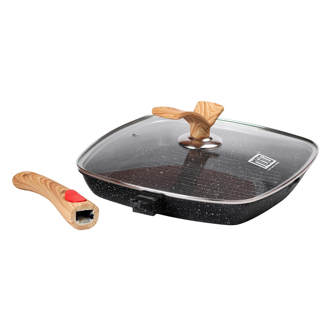 Сковорода гриль квадратна MGC з кришкою та знімною ручкою антипригарна алюмінієва 28×28 см - фото 7 Сковорода гриль квадратна MGC з кришкою та знімною ручкою антипригарна алюмінієва 28×28 см - фото 7