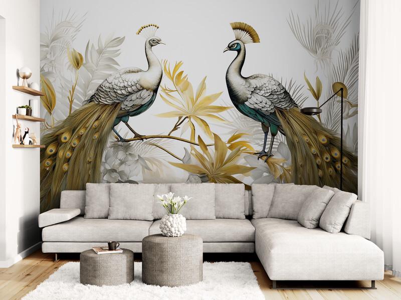 Фотообои в гостиную флизелиновые Золотые птицы (S2030)
