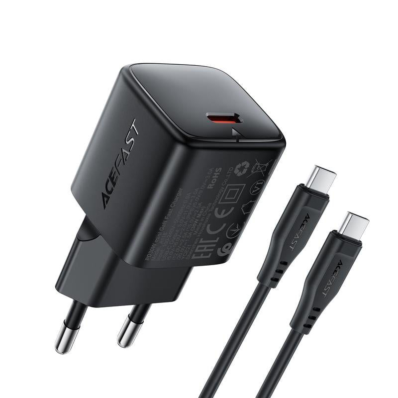 Зарядное устройство сетевое Acefast A118 PD30W mini GaN USB-C fast charger Black (19134)