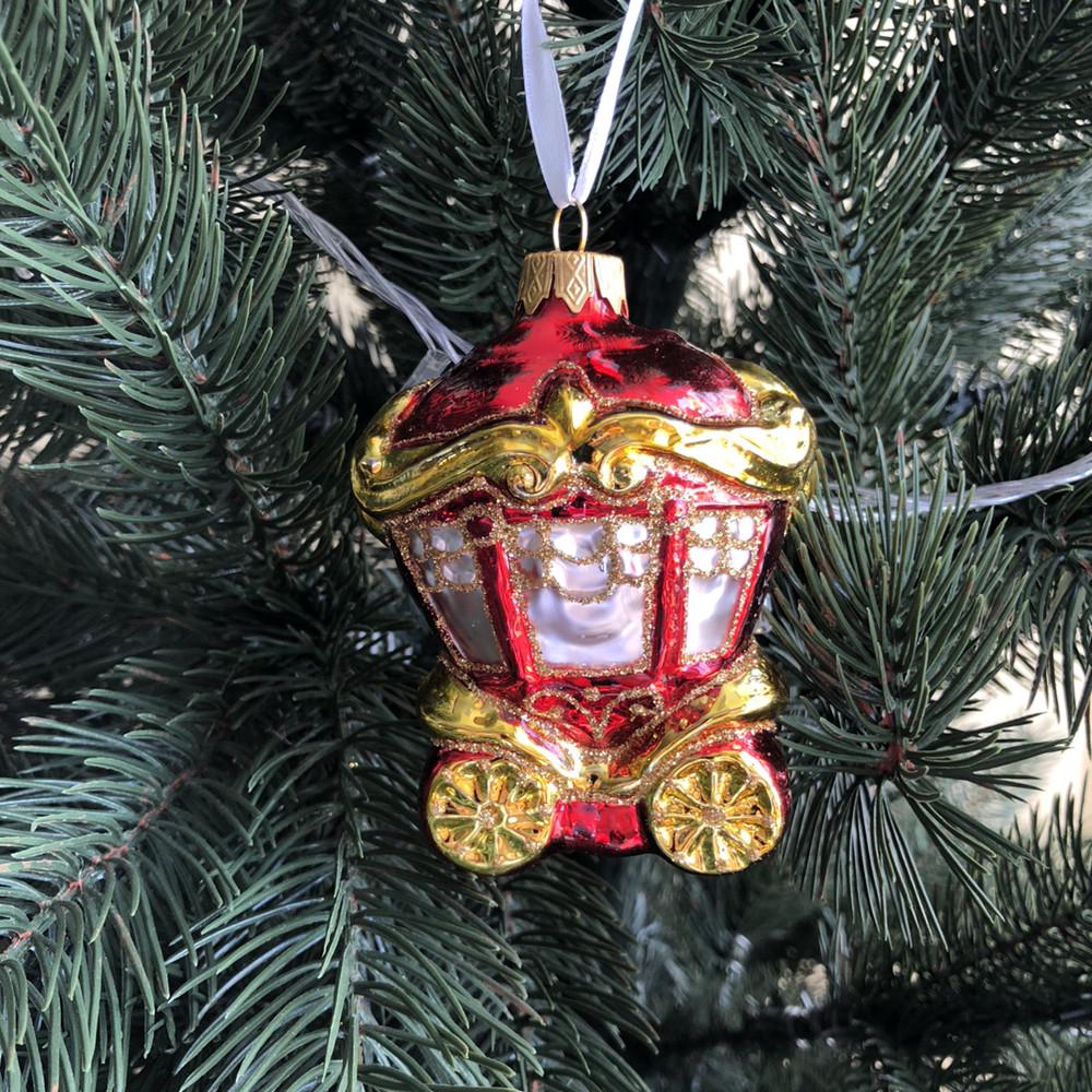 Игрушка елочная стеклянная Карета Красный
