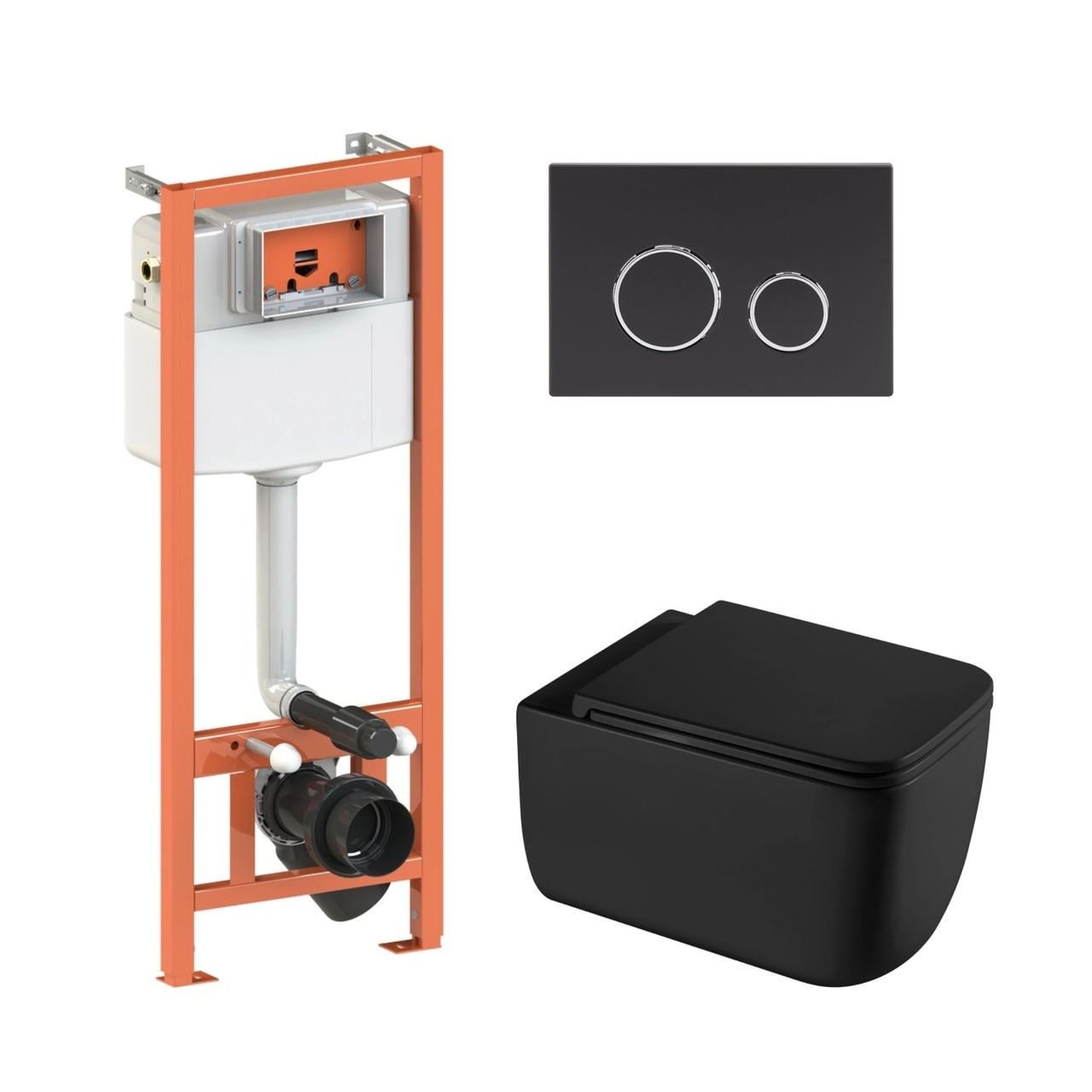 Інсталяція Qtap підвісний унітаз Gemini Ultra Quiet/комплект інсталяції Nest 4в1 кругла клавіша Black (2611547059)