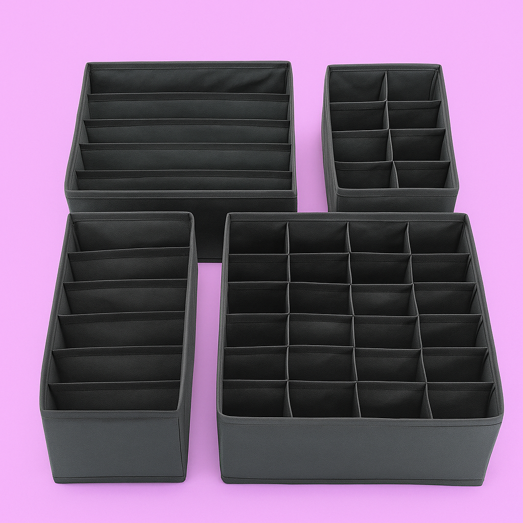 Набор органайзеров для хранения вещей и белья с ячейками сет 4 шт. Серый Набор органайзеров для хранения вещей и белья с ячейками сет 4 шт. Серый