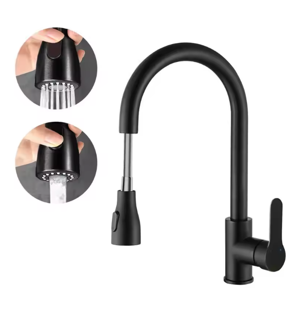 Смеситель для кухни с выдвижным изливом 2 режима лейки Черный матовый (ЗКЧ0212) - фото 9