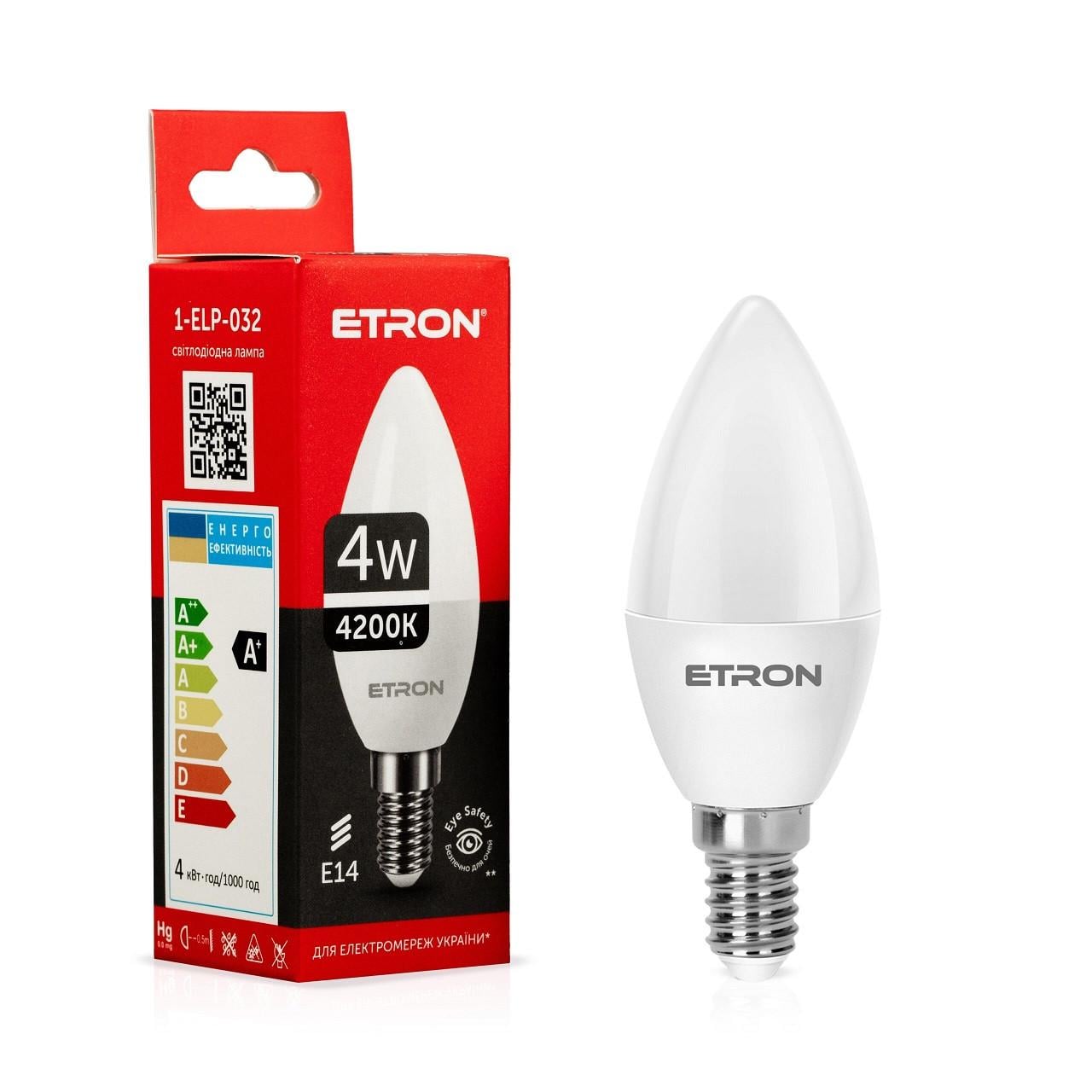 Лампа LED ETRON Light 1-ELP-032 C37 4W 4200K 220V E14