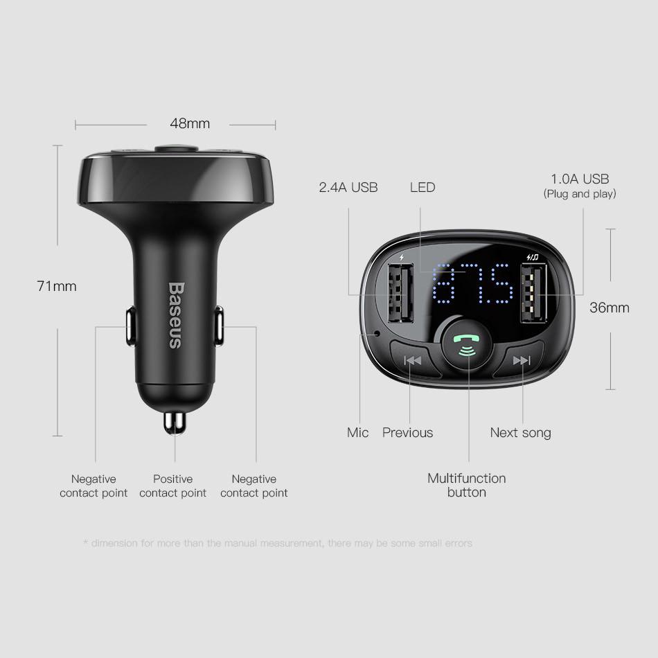 FM трансмиттер модулятор Baseus S-09A T-Typed Bluetooth c функцией зарядки Черный - фото 7