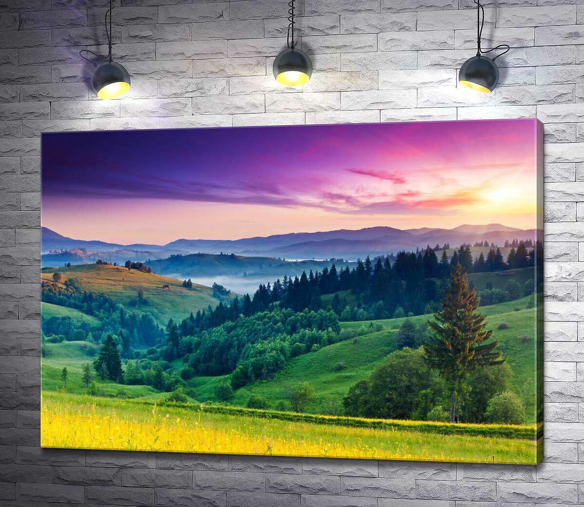 Картина ArtPoster Утреннее солнце светит на склоны зеленых гор 130x92 см Модуль №1 (002690)