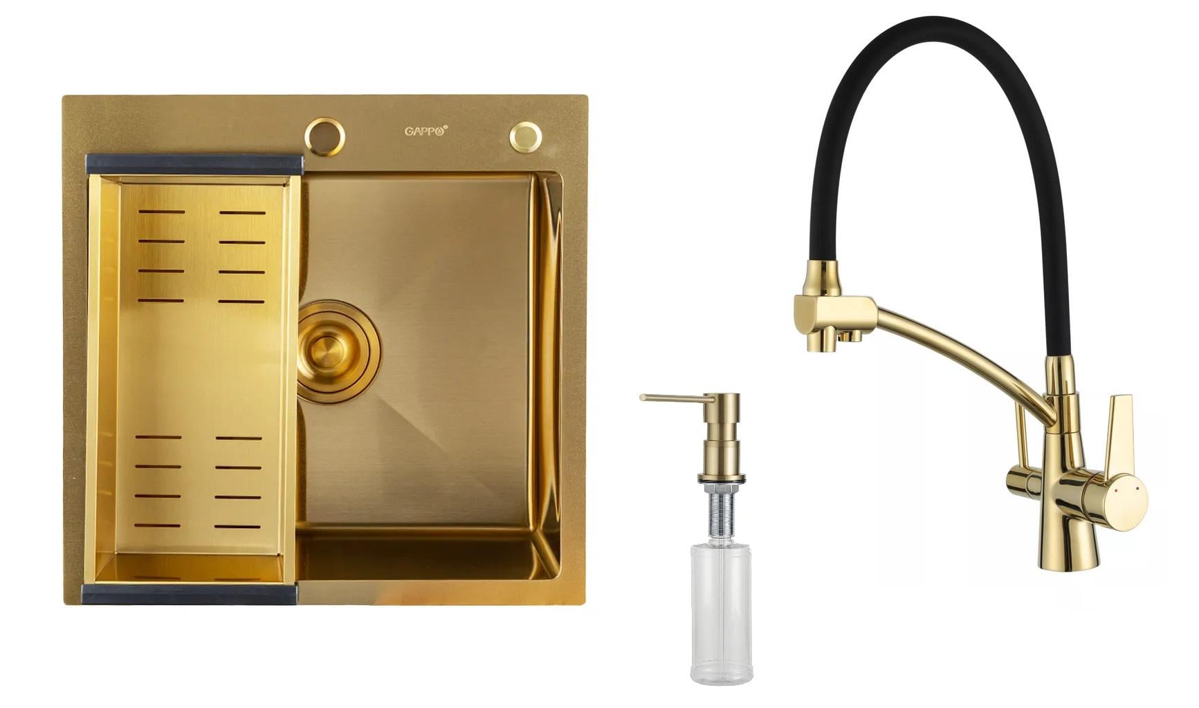 Кухонная мойка Gappo 50/50 из нержавеющей стали со смесителем с подключением к фильтру дозатором и корзиной Золотой (1046765)