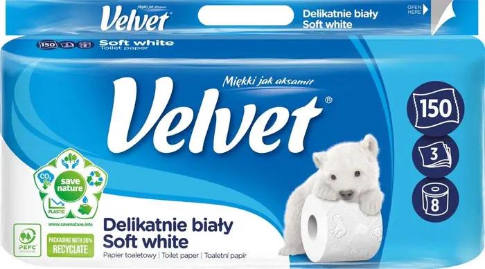 Туалетная бумага Velvet Soft white 3 слоя 150 отрывов 8 рулонов