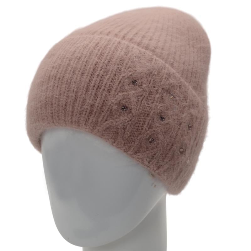 Шапка женская ангоровая с отворотом утепленная флисом Lirus Крокус с узором украшена бежевая стразами Пудровый