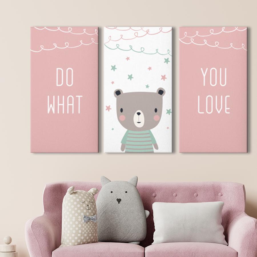Модульная картина на холсте триптих Розовый мишка 78x48 см (MK311609)