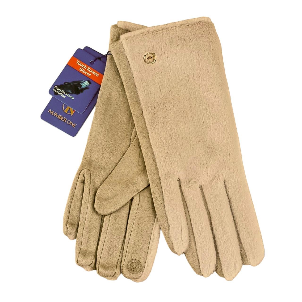 Перчатки женские сенсорные мех/велюр с пуговицей S-M Бежевый (47174)