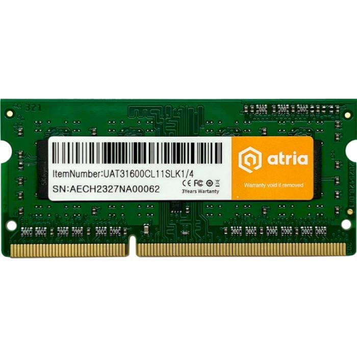 Оперативна пам'ять ATRIA SO-DIMM DDR3 4 Гб 1600 МГц Green (UAT31600CL11SLK1/4)