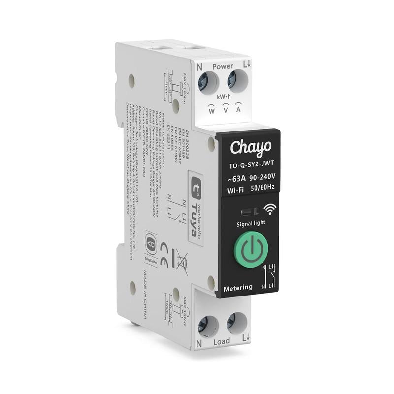 Умный WiFi выключатель Chayo с полной защитой/счетчиками/таймером 1P+N 1-63A 230V Smart Life/Tuya (CH-TO-Q-SY2-JWT)
