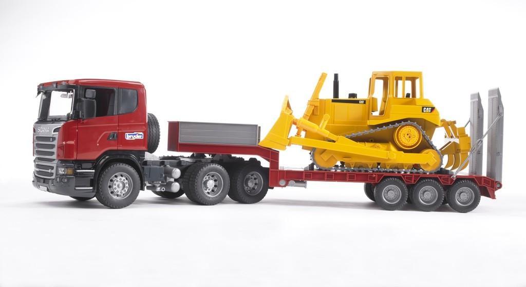 Іграшка трейлер Bruder Scania з вантажною платформою та бульдозером 03555