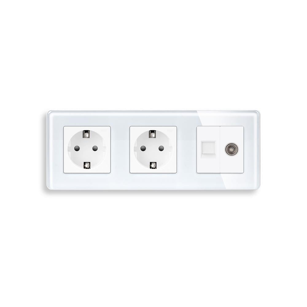 Розетка трехместная ELIOS силовая/интернет RJ-45/ТВ настенная стеклянная рамка Белый (TW-M3FCAT6PTY-WT)