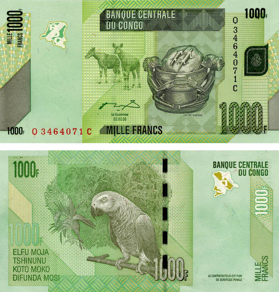 Коллекционная банкнота Демократическая Республика Конго 1000 франков 2005 UNC Попугай P101 (Б13585)
