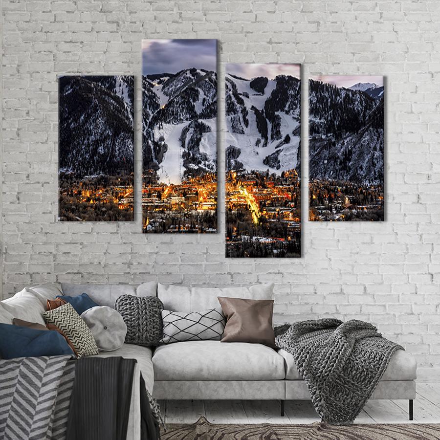 Модульная картина из четырех частей на холсте интерьерная картина Заснеженый горный город 89x56 см (619-42)
