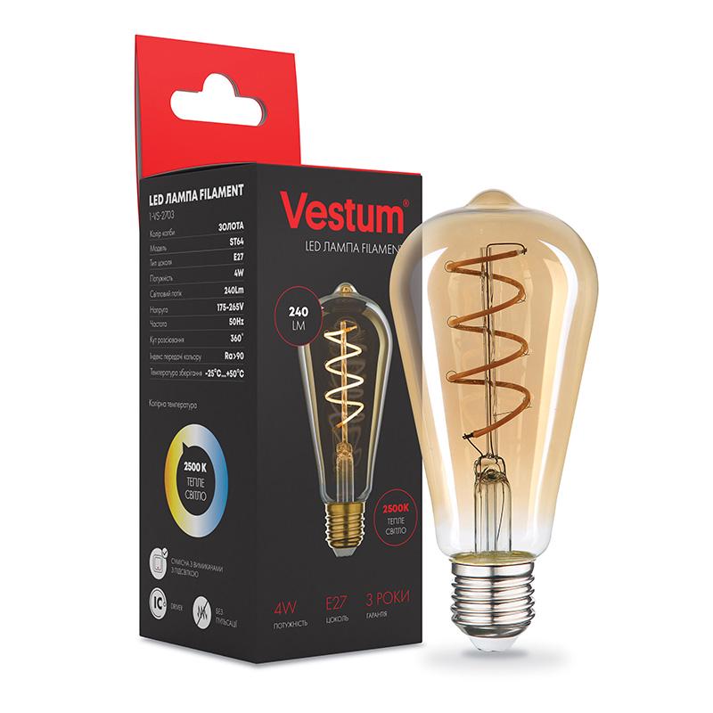 Лампа LED Vestum филамент винтаж golden t Wist ST64 Е27 4 Вт 220 V 2500К