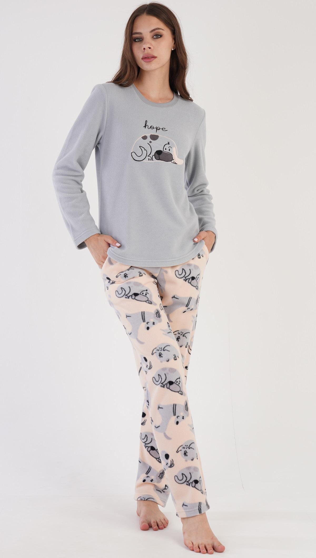 Піжама жіноча флісова лонгслів та штани Vienetta собачки M Сірий меланж (304047)