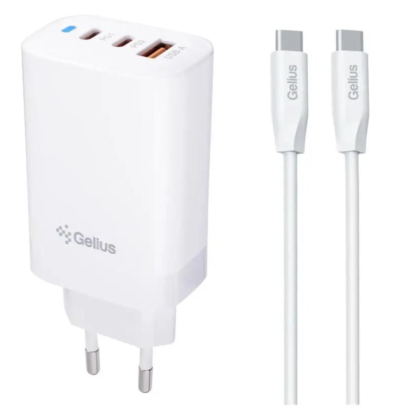 Мережевий зарядний пристрій Gelius Elevaro GP-HC065 65W USB+2Type-C QC/PD/PPS і кабель One Type-C to Type-C White (101369) Мережевий зарядний пристрій Gelius Elevaro GP-HC065 65W USB+2Type-C QC/PD/PPS і кабель One Type-C to Type-C White (101369)