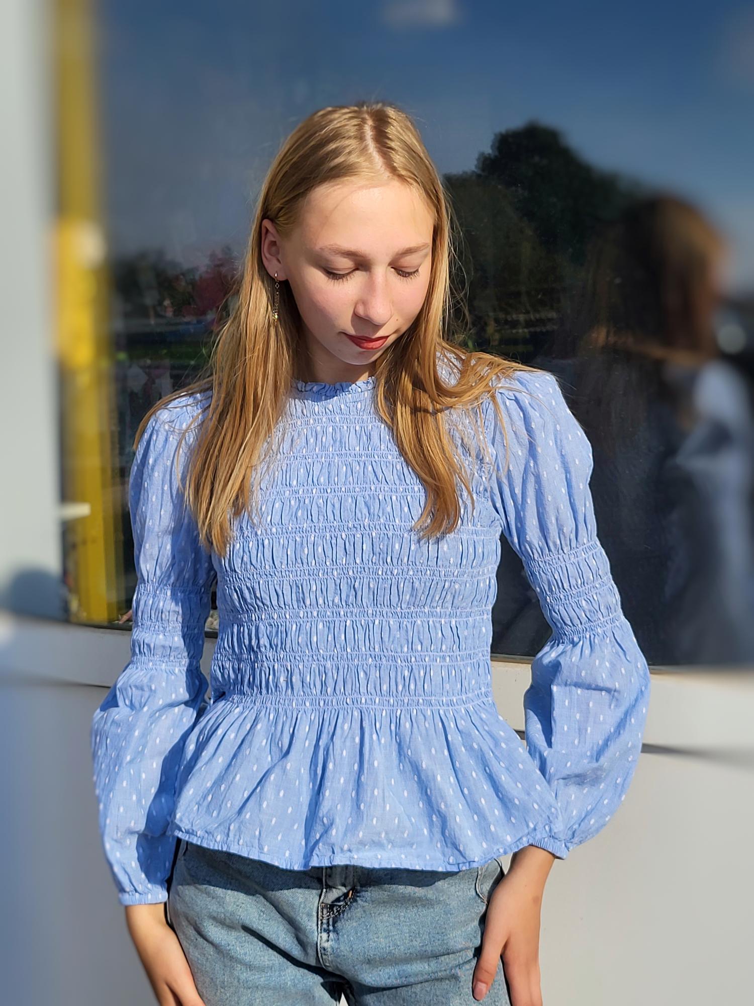 Блузка жатка Pigalle 11381 Горошек S Голубой/Белый (42-44)